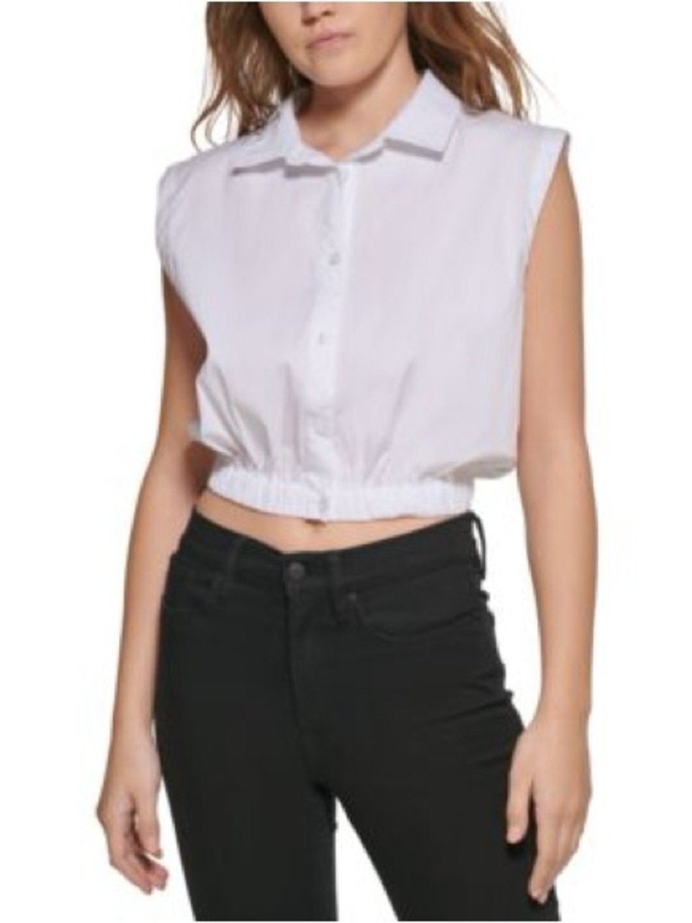 Pizza Italia White Cropped Poplin Button Front Sleeveless Shirt